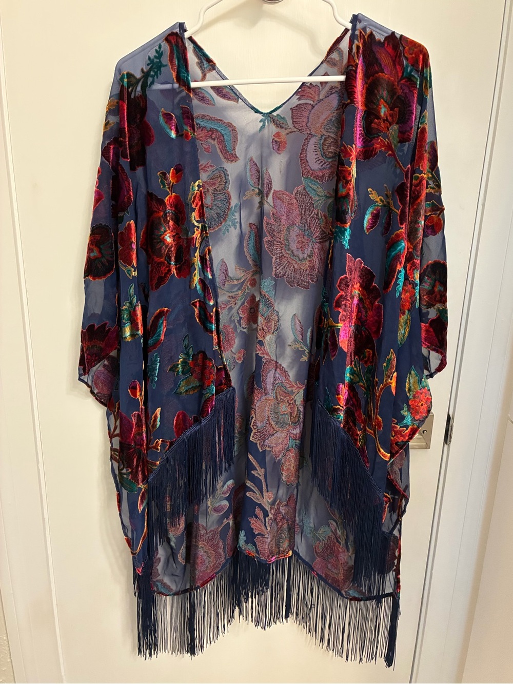 Gorgeous Floral Velvet Kimono - Sheer Deep Navy Blue with Fringe